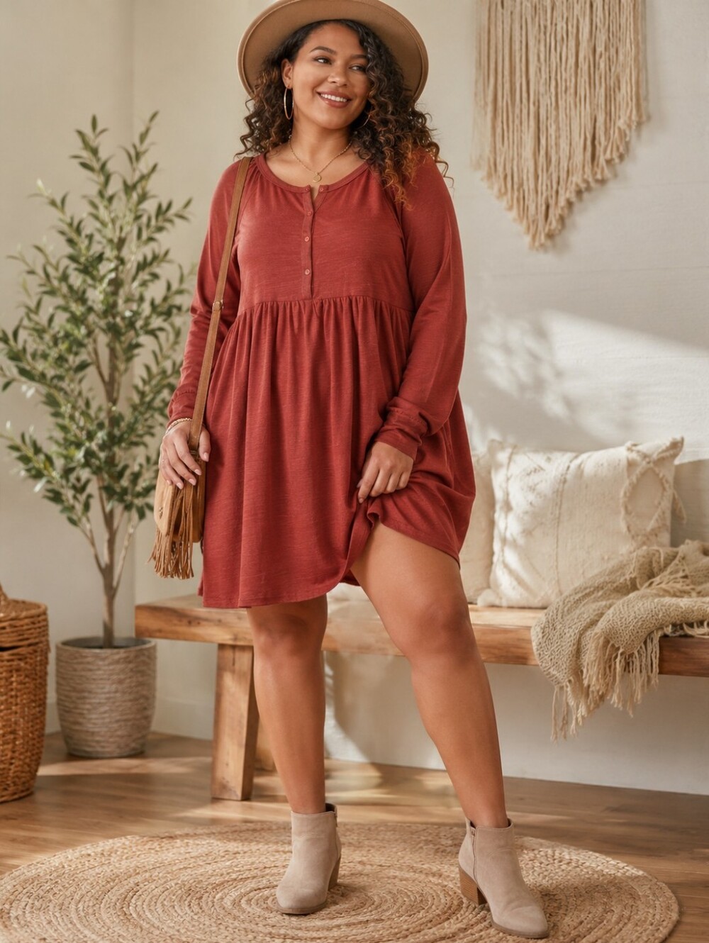 UMGEE Cotton Babydoll Long Sleeve Boho Peasant Dress